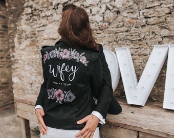 Hand painted custom faux leather wedding jacket wifey wedding bride