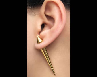 Harley Quinn Cosplay's Screen Accurate Long GOLD Spike Faux Gauge. Screw Back,Stainless steel gold plated Fake Gauge Earring. Suicide Squad