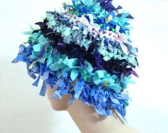 Crazy boho hat crochet hats for women funky hat rag blue hat statement hat cool crazy hat beanie cloche hat shabby chic denim hat