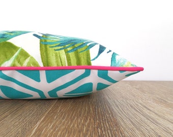Tropical outdoor pillow cover beach house decor, geometric cushion cover for entryway bench, turquoise and pink outdoor pillow case