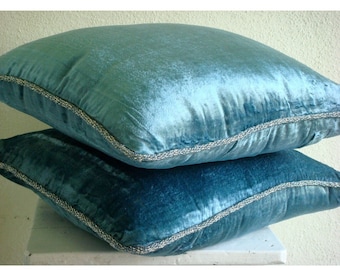 Handmade Blue Pillow Covers, 16"x16" Velvet Pillow Covers, Square Velvet Beaded Cord Pillows Cover - Blue Shimmer