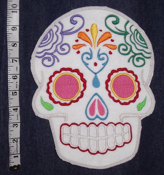 Mexican Day of the Dead Sugar Skull Patch Embroidery black and limeSugar Skull, Day of the Dead, embroidery patch '1'