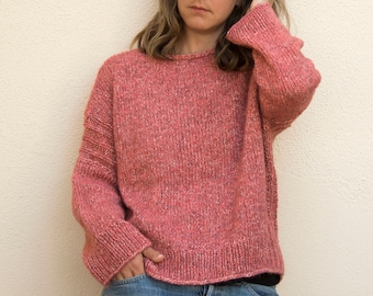 Soft Alpaca/cotton sweater with ribbed apertures natural/salmon, hand knitted, oversized