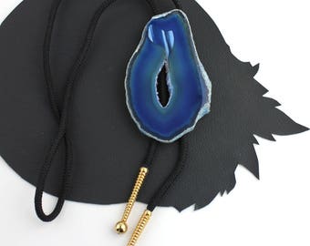 Blue Agate Stone Western Bolo Tie with Black Cord and Gold Colored Aglets