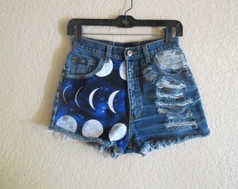ALL SIZES: galaxy Moon phase high waisted denim shorts