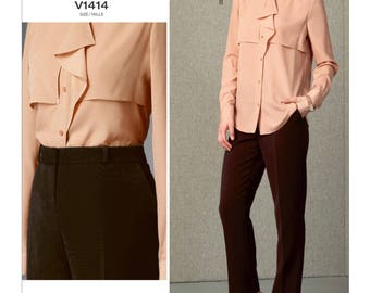 Vogue V1414 Size 8-16 or 16-24 Misses' Ruffle-Front Mandarin Collar Top and Pants Sewing Pattern / Uncut FF