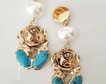 Orecchini a clips placcati oro con turchesi e perle