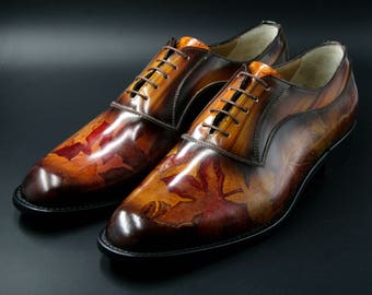 Scarpe da uomo in pelle, dipinte a mano, marrone con foglie autunnali, Made in Italy