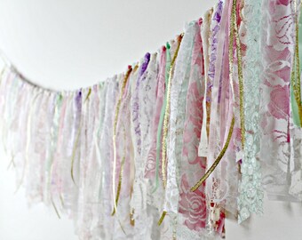 Lace Garland, Boho Chic Lace Bunting, Pastel Garland, Party Decor, Rustic Wedding Garland, Photo Prop, Shabby Lace Garland, Cottage Chic