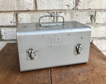 Vintage Brumberger Film Reel Storage Box | Metal Film Reel Storage Container | Movie Film Reel Canister Travel Box | Rustic Camera Decor |