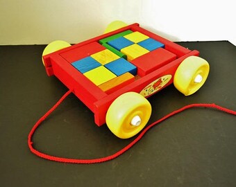 Vintage Tootsie Toy Wood Red Wagon with Wood Blocks