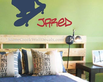Skateboard Vinyl Wall Decal Personalized Boys Sports Athletic boys Bedroom Wall Decal Skateboard Silhouette Skateboard Wall Decals N055
