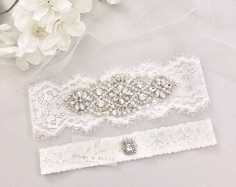 Wedding Garter LIGHT IVORY - Bridal Garter Lace Garter Wedding Garter Set Something Blue Bridal Garter Set Rhinestone Garter - Style #L0117