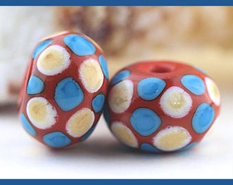 Chaco Canyon...Coral, Turquoise, and Ivory Spotted Lampwork Bead Pair, Made To Order