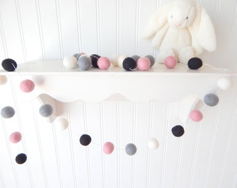 Baby Girl Nursery Decor, Felt Ball Garland, Pom Pom Garland, Kids Wall Art, Kids Room Decor, Playroom Decor, Wall Decor, Pink Black Gray