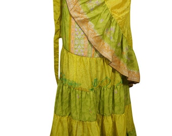 Womens Wrap Around Skirt Upcycled Silk Sari Vintage Printed Flare Ruffle Yellow Green Resort Wear Maxi Skirts