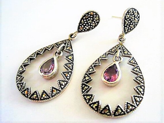 Sterling Marcasite Earrings, Amethyst Rhinestone Dangle, Pierced Signed 925, Gift for Woman Earrings,