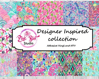 Patterned vinyl, custom printed vinyl, adhesive vinyl, heat transfer vinyl, Lilly Vinyl, printed HTV flat or glitter OR ADHESIVE