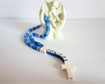 Personalized Blue Rosary Made With Lego Bricks - First Communion, Baptism, Confirmation Gift -