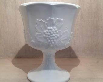 Vintage White Milk Glass Pedestal Bowl, Planter, Vase, Candy Bowl w/ Grapevine Harvest Pattern