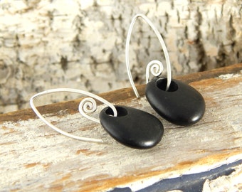 Gifts for nature lover! Beach stone earrings, black stone earrings, handmade sterling silver fiddlehead earwires, ready to ship.