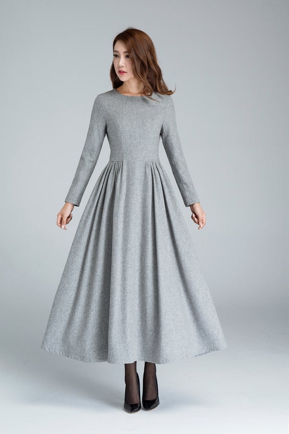 Grey wool dress pleated dress long dress womens dresses