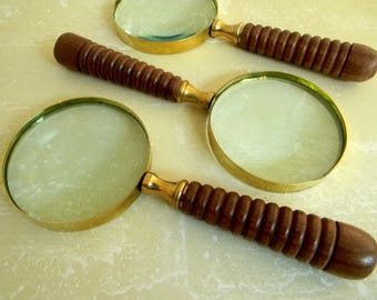 Elegant Victorian Style Pocket Magnifying Glass. Beautifully Turned Hardwood Handle. Bright Brass. Sherlock Holmes Never Had Better!