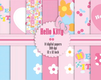 14 Hello Kitty Digital Papers 12 Inch, High Resolution 300 Dpi, Instant Download, Flower Digital Paper and Bonus 3 Clip Arts, Commercial Use