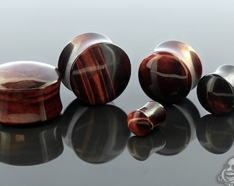 DF Red Tiger's Eye stone plugs 6g, 4g, 2g, 0g, 00g (9.5mm), 7/16", 1/2" (13mm), 9/16", 5/8", 3/4", 7/8", and 1"