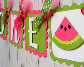 Pink and Green Watermelon Birthday Party High Chair Mini Banner - Watermelon Party Decorations - High Chair Garland - First Birthday