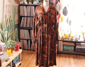 abstract art print rayon shirt dress . earthtone midi dress with long sleeves . womens medium large