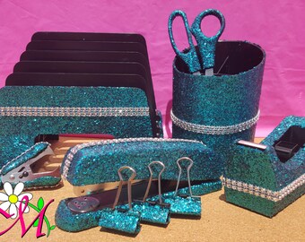 Glitter Office Supplies, 10-Piece Set, School Supplies, Teacher Supplies, (Your Choice of Color), Turquoise Office Supplies, Blue Office