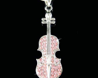 Swarovski Crystal Pink Violin Viola Cello Fiddle Musical Charm Pendant Necklace Christimas Best Friend Musican Gift New