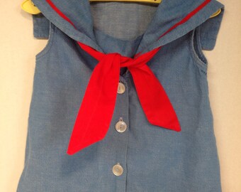 Vintage 1950s 1960s Little Girls Sailor Dress blue denim chambray 2T 3T