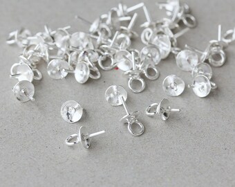 92.5 Sterling Silver Bead Cap 4mm with Peg, Bail for Half Drilled Beads, Pack of 50 pieces, Wholesale silver findings.