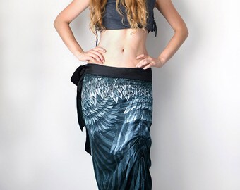 Maxi Skirt, Feather Skirt, Wrap Skirt, Long Skirt, Summer Skirt, Navy Skirt, Womens Skirt, Festival Skirt, Hand Painted Reversible Skirt