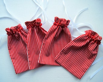 Red Cotton Bags. Set of 4. Fabric Gift Bags. Jewelry Bags. Cotton Pouch. Drawstring gift bags. Birthday party bag. 7" X 4.5"