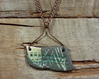Pottery Shard PENDANT Hand Made Necklace of Reversible Tumbled Pottery Shard, Copper Wire Wrapped, Copper Chain with Lobster Claw Closure