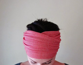 STRIPED Head Scarf, Red and White Jersey Head Wrap, Extra Wide Headband, Yoga Headband, Turban Headbands for Women, Striped Headband