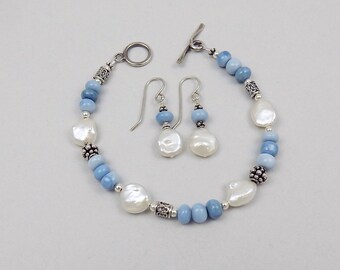 Blue Peruvian Opal and Freshwater Pearl Bracelet & Earrings