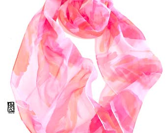 Pink Silk Scarf Handpainted, Infinity Scarf, Circle Scarf, Loop Scarf, Feather Print Scarf, Pink and Orange Feather Scarf, Made to order