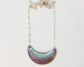 Crescent bib enamel necklace Aqua green and purple moon necklace Enameled copper bohemian jewelry Gift for her