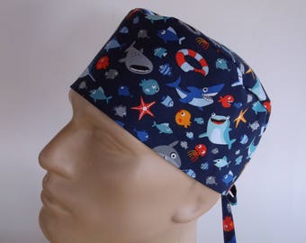Shark Town Men's Surgical Scrub Hat with sweatband option - scrub cap, bakers hat,86-4900