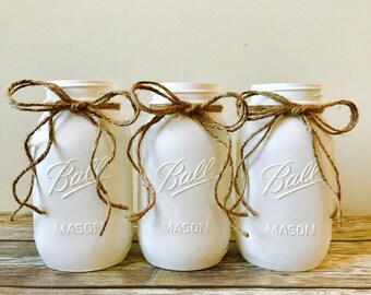 3 Large/Quart White Decorated Mason Jars, Country Rustic Theme, Bridal Reception Centerpieces, Mason Jar Vases