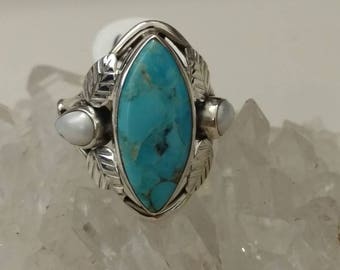 Blue Turquoise and Pearl Ring Size 6 1/2