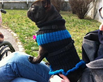 French Bulldog Sweater For Dogs Black-Blue Ruffled Dress-Knit-Handmade