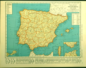 Spain Map Spain Vintage Portugal 1930s Original