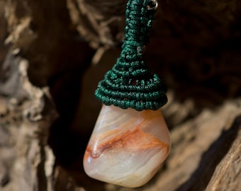 Orange macrame and chalcedony pendant
