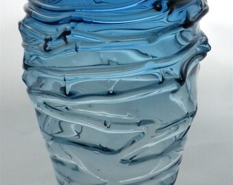 Texture vase, hand blown glass, free hand sculpted, sculpture, smoke blue vase, tansparent, optics, shadows, texture