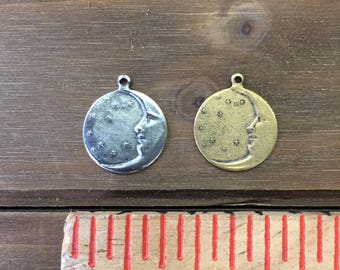 Moon with Face and Stars Stamping, Finding. Solid Brass, USA Made.